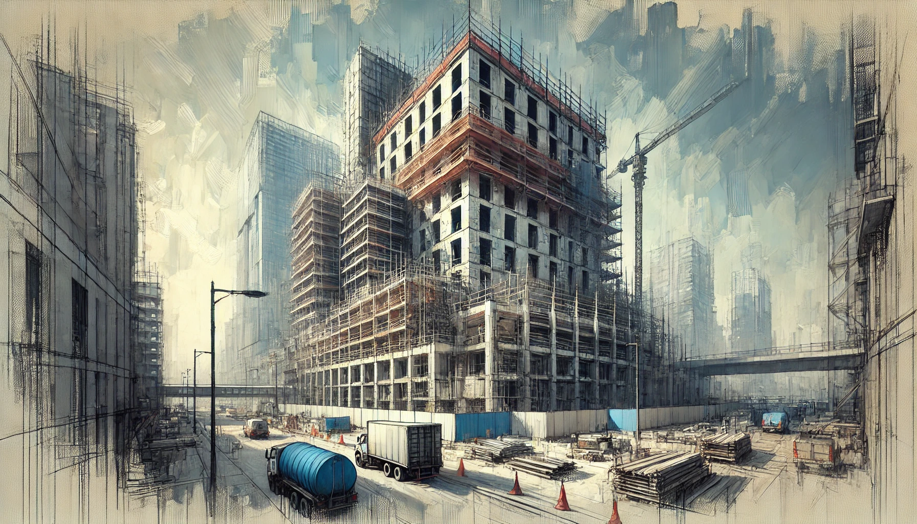 DALL·E 2024-11-25 15.11.27 – An under-construction urban building set in 2024. The structure is partially built, with scaffolding and construction materials scattered around. The