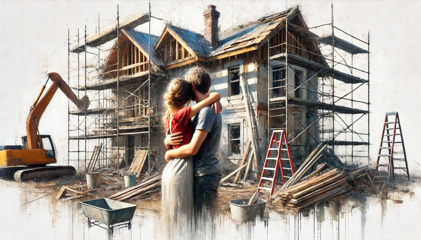 DALL·E 2024-11-25 15.46.43 – A young couple embracing in front of a house under construction. The construction site includes visible scaffolding and building materials, with an ar