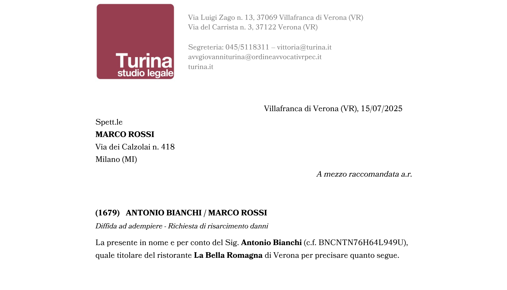 diffida ad adempiere Turina
